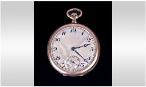 1920`s Open Faced Pocket Watch. Champagne dial with Arabic numerals. 47mm rolled gold case. Working