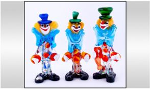 Murano Multicoloured 1960`s Glass Clown Figures, 3 in total. All with Murano labels. Size: 8.5