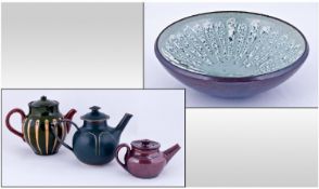 Studio Tea Pots, Various Potters plus 1 bowl by Newday Pottery Barnstable. (4)