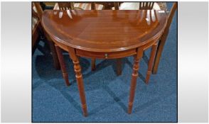 Reproduction Mahogany Demi Lune Hall Table, Centre door on turned legs. 29 x 29 Inches.