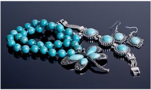 Turquoise and Howlite Necklace, Earrings and Bracelet Costume Jewellery Set.