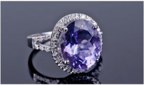 14ct White Gold Diamond & Amethyst Ring, Set With A Large Central Oval Cut Amethyst (Estimated