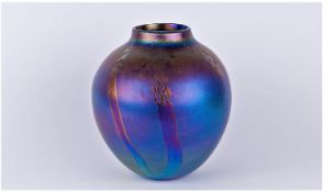 John Ditchfield Signed Globular Shaped Iridescent Vase. Date 8-6-83. Stands 8.5 inches high. Good
