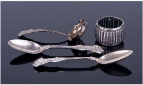 A Small Collection Of Antique Silver Items, 4 In Total. 1, Victorian silver caddy preserve spoon,