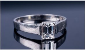 Platinum Diamond Solitaire Ring, Set With A Single Stone Emerald Cut Diamond, Mounted In Platinum,