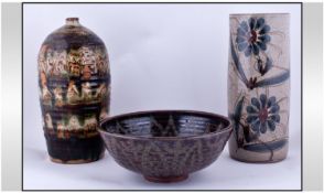 Studio Pottery Vase, Green Mottled Effect Lamp Base, And Bowl. Marked WA.(3)