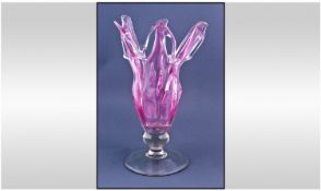 Murano - Impressive Early 1960`s Stylised Tulip Shaped Pink Vase, Raised on a Clear Glass Circular