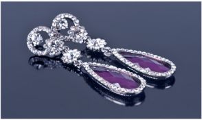 Purple and Clear Austrian Crystal Long Drop Earrings, faceted purple elongated teardrop crystals