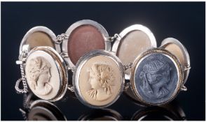 19thC Silver Framed Cameo Bracelet, Set With Seven Lava Cameos Depicting Classical Busts, All