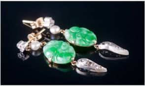 A Fine Pair Of Vintage Jadeitte Jade And Diamond Pendant Drop Earrings. With two drilled pearls, 6