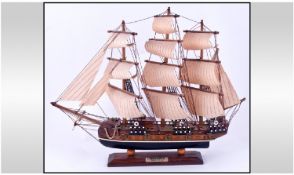 Model Yacht On Rectangular Wooden Base. Plaque to base reads ``Bergantin Siglo XVIII`` Height 14.5