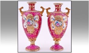 Noritake Fine Pair of Handpainted and Hand Finished Two Handled Vases, the central panels painted