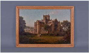 Framed Oil on Board. `Village Church`. Signed lower left `Baldwin`. 21 by 15 inches.