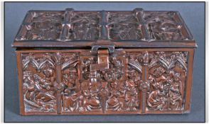 Brass Cased Casket, Embossed Medieval Scenes, Hinged Lid, Marked To Base ``Made In Japan`` 3½ x 6