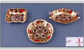 Royal Crown Derby Imari Patterned And Shaped Pin Dishes, 3 in total. Dates 1973. All first quality