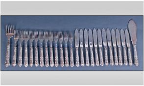 A Good Quality 26 Piece Silver Handle Fish Set. Comprising 12 forks, 12 knives, and a pair of large