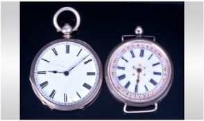 Two Silver Open Faced Fob Watches. Both with white enamel dials. Roman Numerals. Key wind. 39mm and