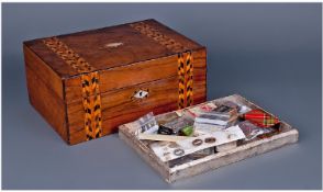 Walnut Inlaid Box With Hinged Lid, Containing Various Oddments, Comprising Gramophone Needles,