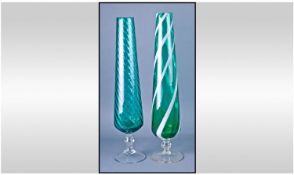 Two Tall Italian Empoli Green Glass Vases, pedestal bases. 20`` & 19.5`` in height.