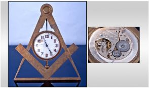 Brass Framed Masonic Strut Clock, White Enamelled Dial With Arabic Numerals, Dial Chipped, Glass