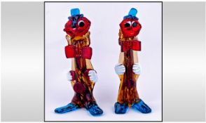 Murano Pair Of Multi Coloured Glass Clown Figures. Circa 1960`s. Each standing 13.25 inches high.