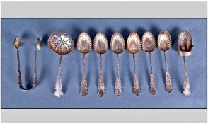 Edwardian Set Of Six Silver Spoons, with matching sugar tongues, preserve caddy spoon and scoop.