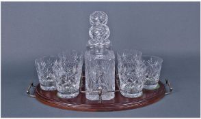 Two Lidded Glass Decanters Together With 6 Whisky Glasses On Brown Tray. 8 pieces in total.
