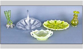 Five Pieces of Glass comprising Vaseline Oval dishes, two small vases and glass basket.