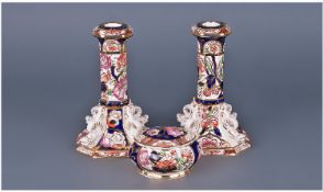 Masons Ironstone Pair Of Candlesticks And Lidded Trinket Jar. ``Penang`` design. Each candlestick 7