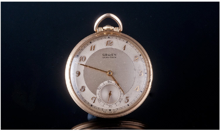 Gruen-Veri-thin Art Deco 10ct Gold Filled Open Faced Pocket Watch. Working order.