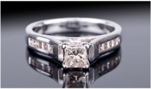 18ct White Gold Set, Excellent Princess Cut Diamond Ring, The Central Single Stone Diamond of 0.45