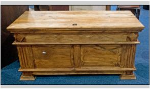 Teak Trunk With A Lift Up Lid, with paneled front and sides on bracket type feet. Width 43 inches,