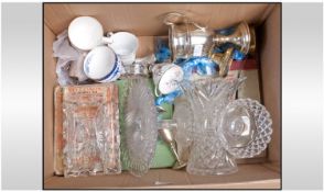 Misc Box, Containing Books, Silver Plated Items, Pennies And A Pair Of 19thC Candlesticks With