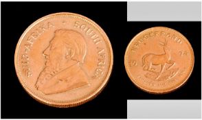 South African 1oz Fine Gold Krugerrand. Date 1974. Mint condition.