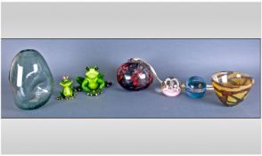 Seven Pieces of Glass Ware including Mdina Glass Bowl, Hand Made Mouth Blown Bauble, two frog
