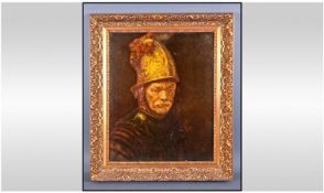 Oilograph on Canvas of a Soldiers Head after Rembrandt. In gilt frame. 15.5 by 20 inches.