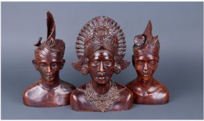 Three Malaysian Carved Busts, Height 10-11 Inches, Early 20thC