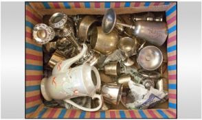 Box of Assorted Metal Ware comprising candlesticks, goblets, salt and pepper pots etc