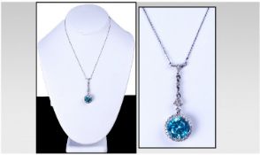 Art Deco 9ct White Gold Set Diamond And Aqua Marine Drop Pendant. Fitted on a 9ct white gold trace