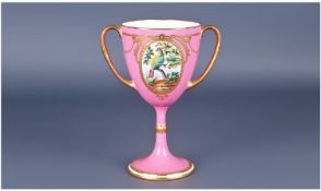 Minton Two Handled Hand Painted Loving Cup. Circa 1890. Pink and gold colour way. Stands 7.75