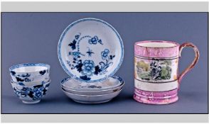 Four Blue and White Tea Bowls probably Caughley`s A/F. Together with a Staffordshire lustre frog