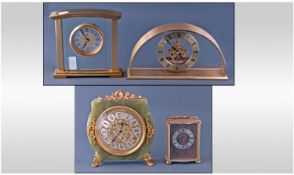 Four Modern Mantle Clocks, 1. Skeleton dome shaped quartz clock, 2.Quartz carriage clock, 3. Onyx