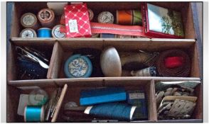 Victorian Mahogany Sewing Box, Hinged Lid, The Interior Sectioned, Containing Various Implements.