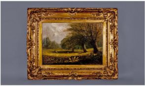 An Idyllic English Pastoral Scene of a Shepherd with flock in a woodland setting. c 1880. Oil on