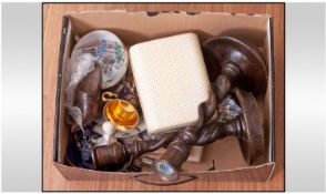 Assortment of Collectables including paur of oak canldesticks, delt clogs, wooden clogs, black and