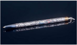A Silver Barrelled Pen Decorated In Relief with Traditional Patterns and Enamel Highlights by The