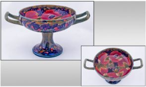 William Moorcroft Signed Two Handle Tazza ` Pomegranate and Berries ` Pattern. c.1918. Signed to