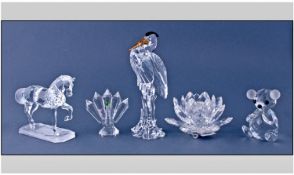 Collection Of Glass Crystal Figures, 5 in total, comprising mouse figure, pelican, horse, flower