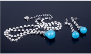 Turquoise Howlite and White Crystal Necklace and Earring Set, all formed from single strands of