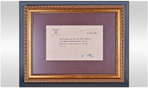 WW2 German Signed And Framed Invitation, Hitler`s Personal Correspondence Card, 71/2 x 5 Inches,